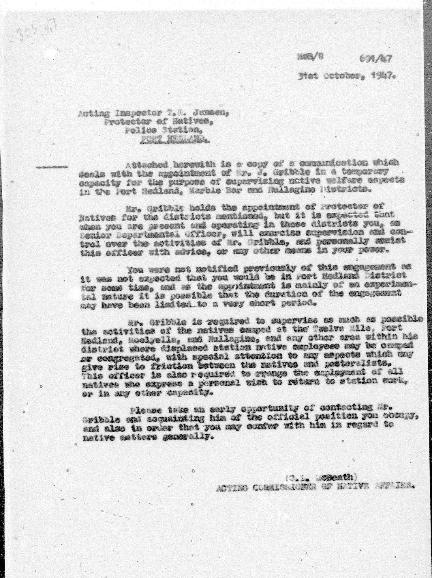 Acting Commissioner Lew McBeath to Acting Native Affairs Inspector Tom Jensen, 31 October 1947