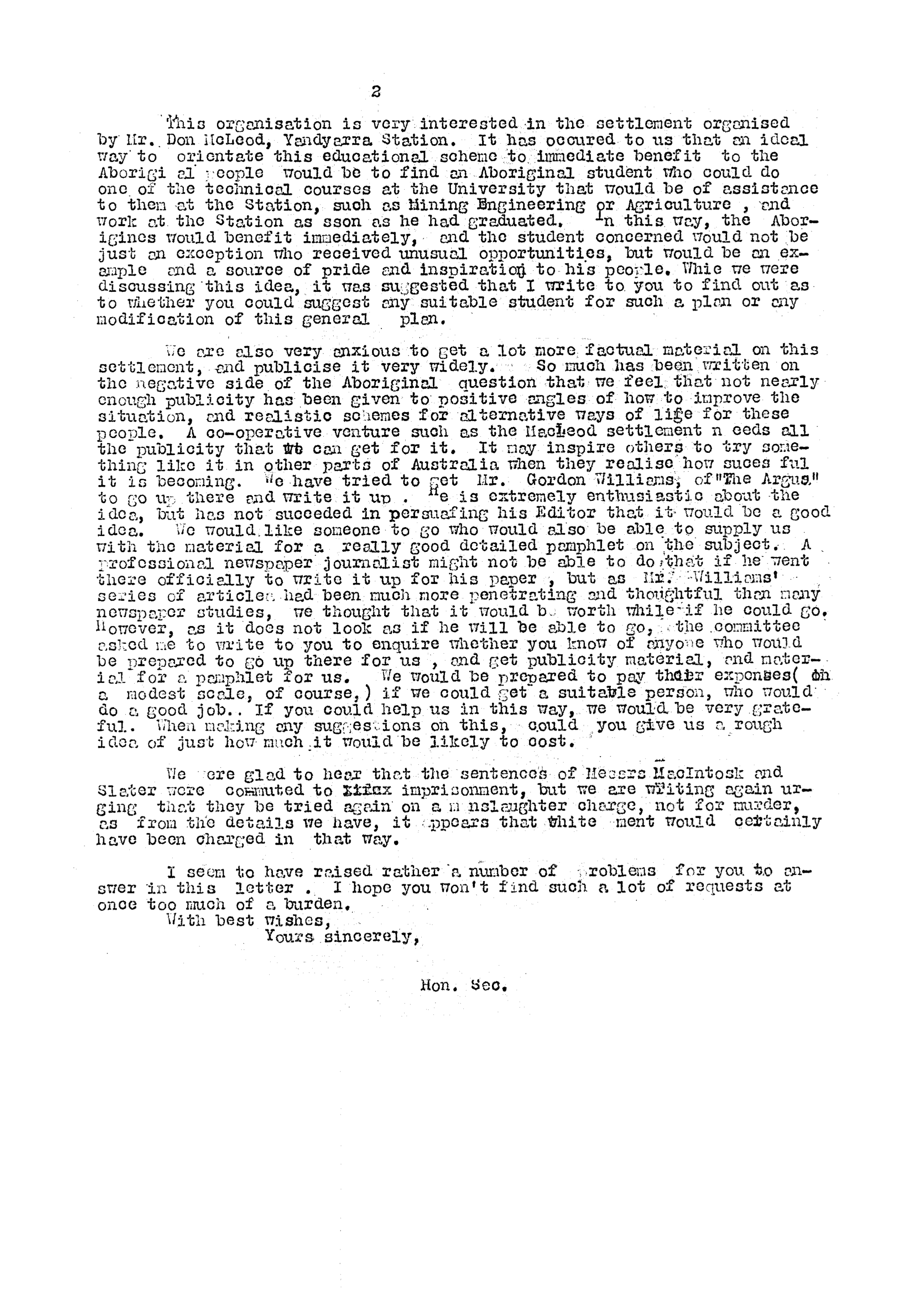 Excerpt of Shirley Andrews to Alfred Jacobs, 21 July 1953, Records of the Narrogin Native Welfare Committee, State Library of Western Australia, MS 3797A/58