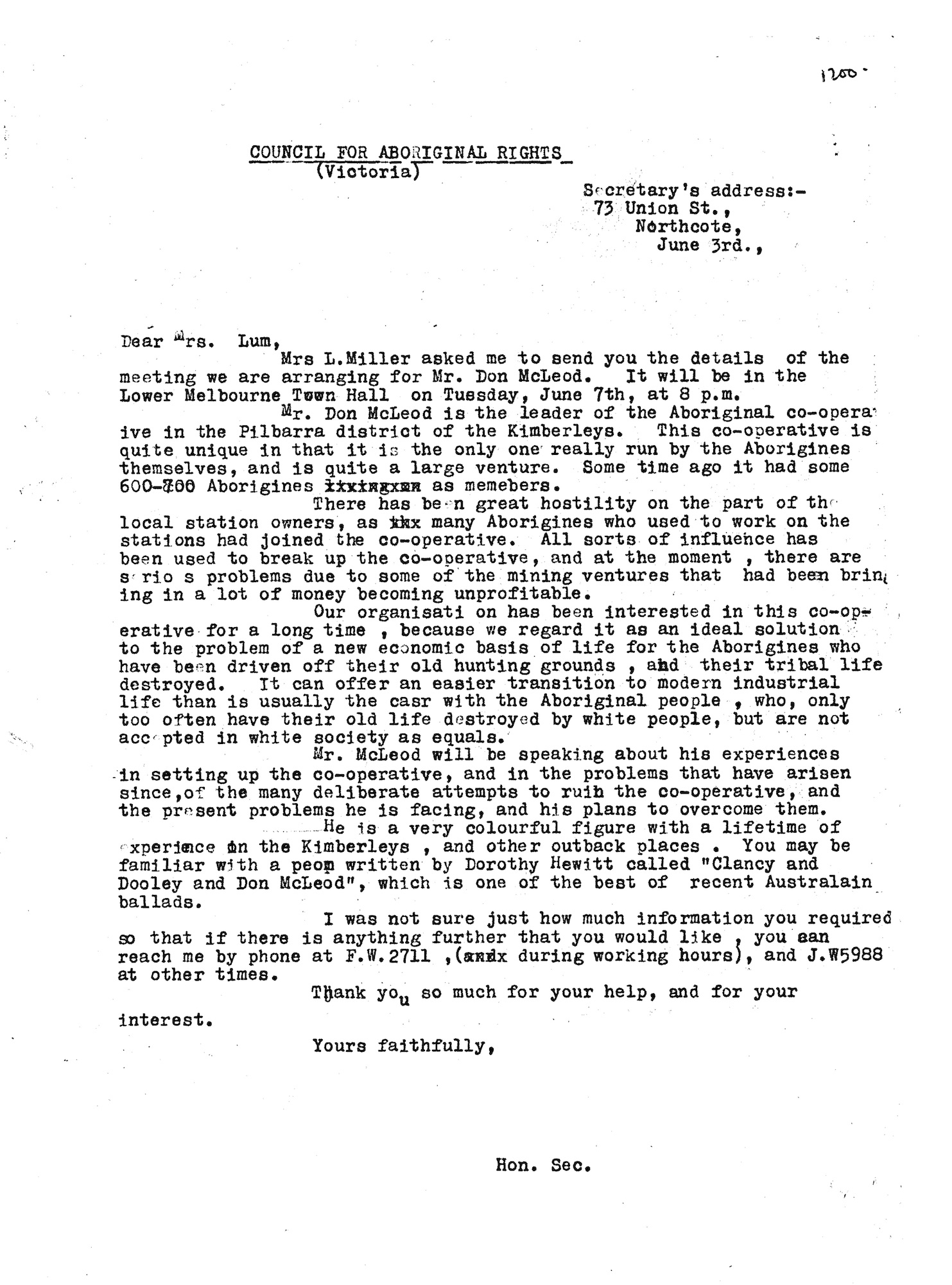 Shirley Andrews to Mrs. Lum, 3 June 1955