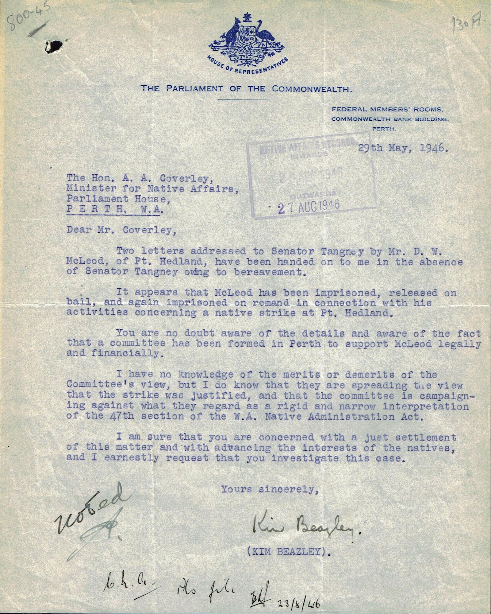 Federal Labor MP Beazley to Bob Coverley, 29 May 1946