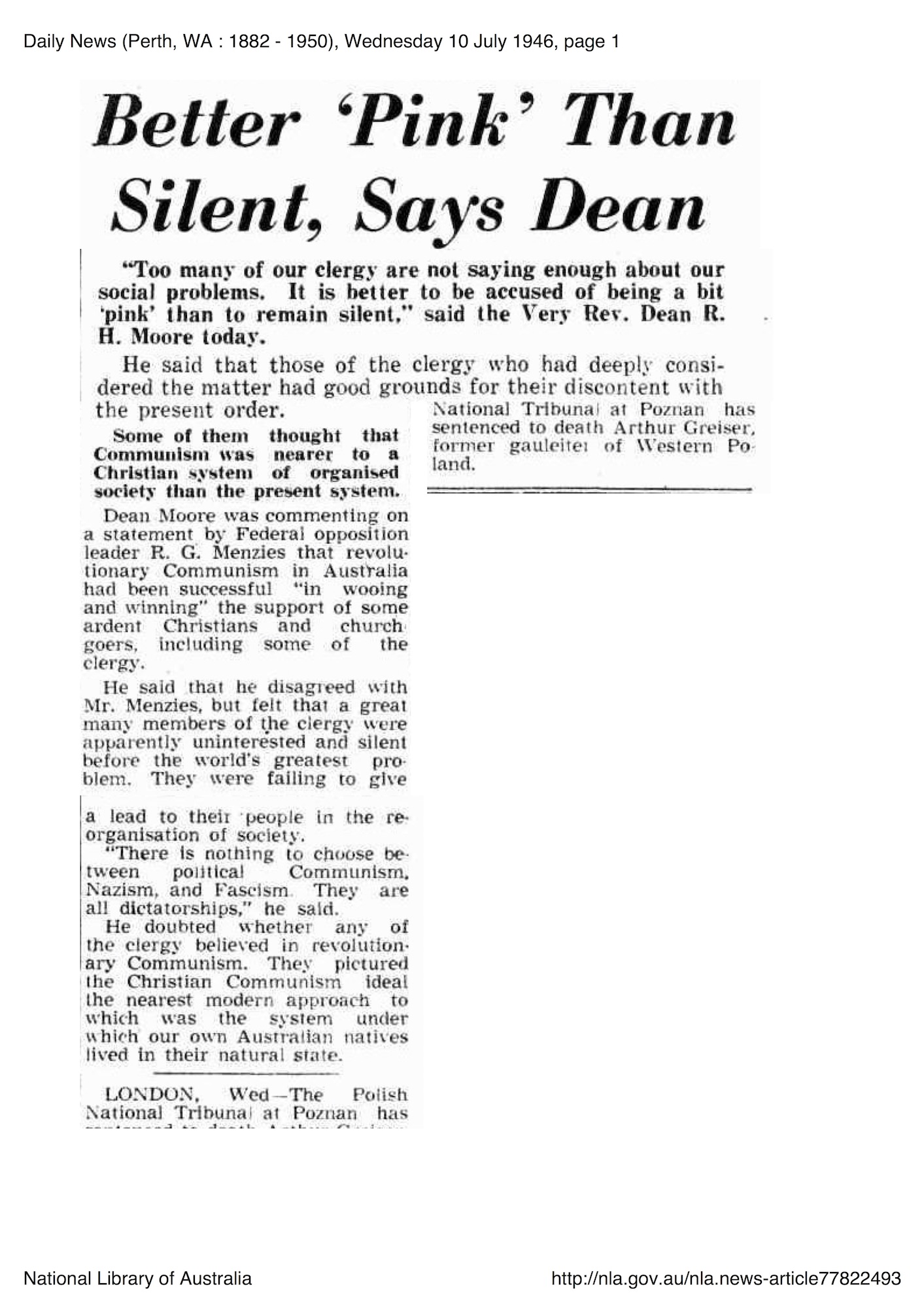 Daily News, 10 July 1946, p. 1, ‘Better “Pink” than Silent, Says Dean’