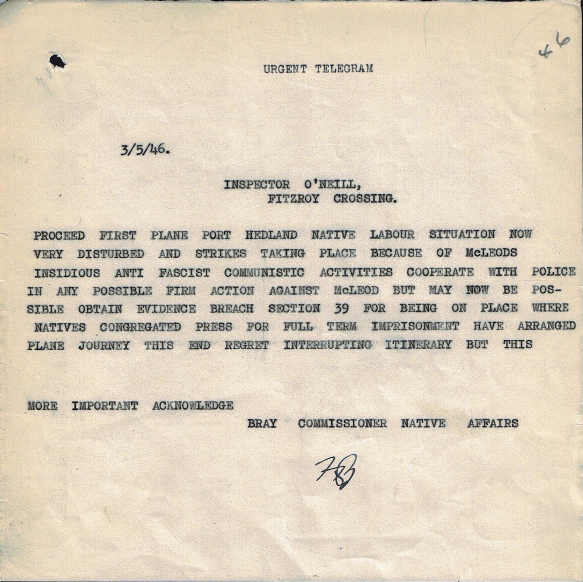 Bray to O'Neill, 3 May 1946