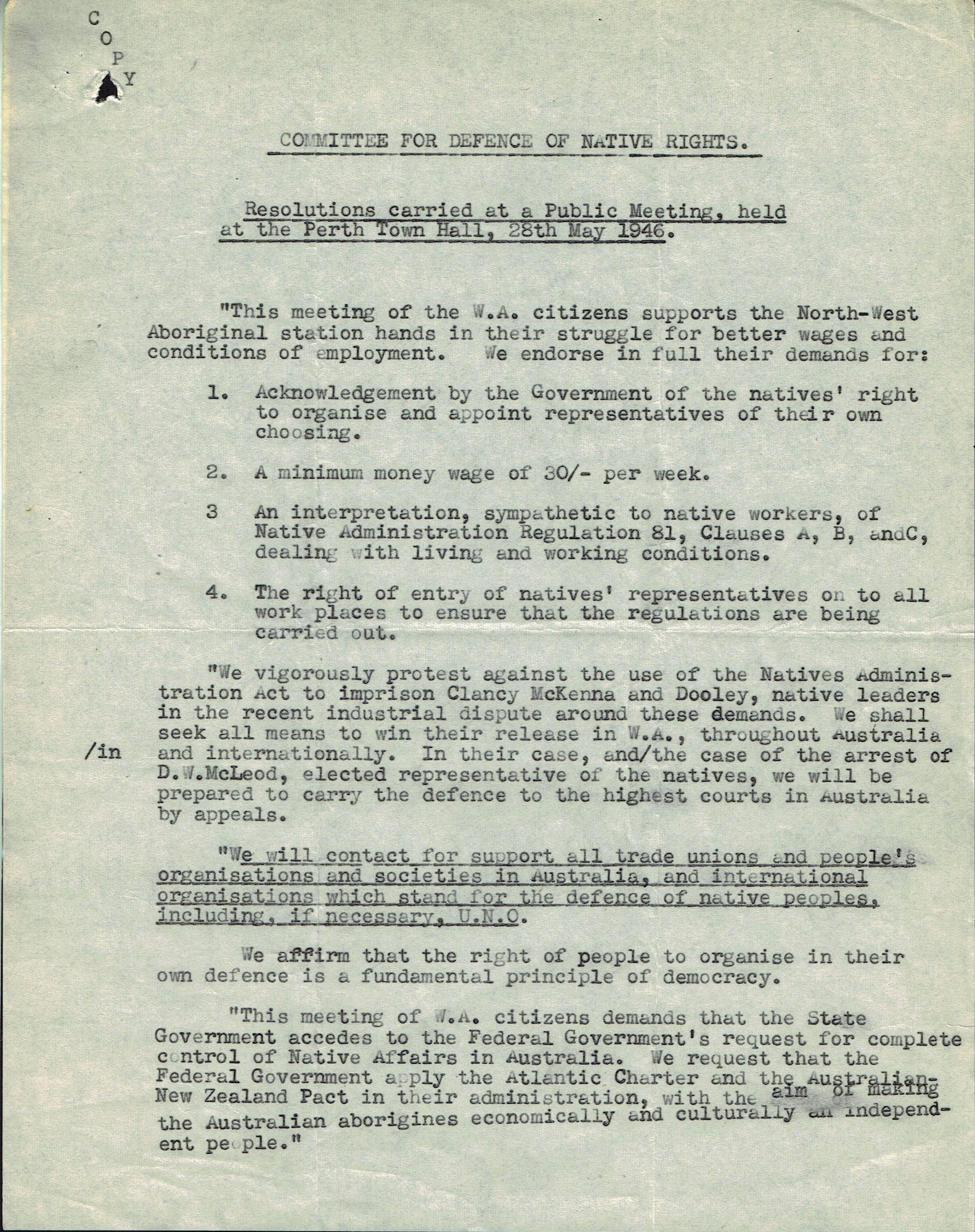 Committee for Defence of Native Rights, 28 May 1946, Resolutions of a Meeting