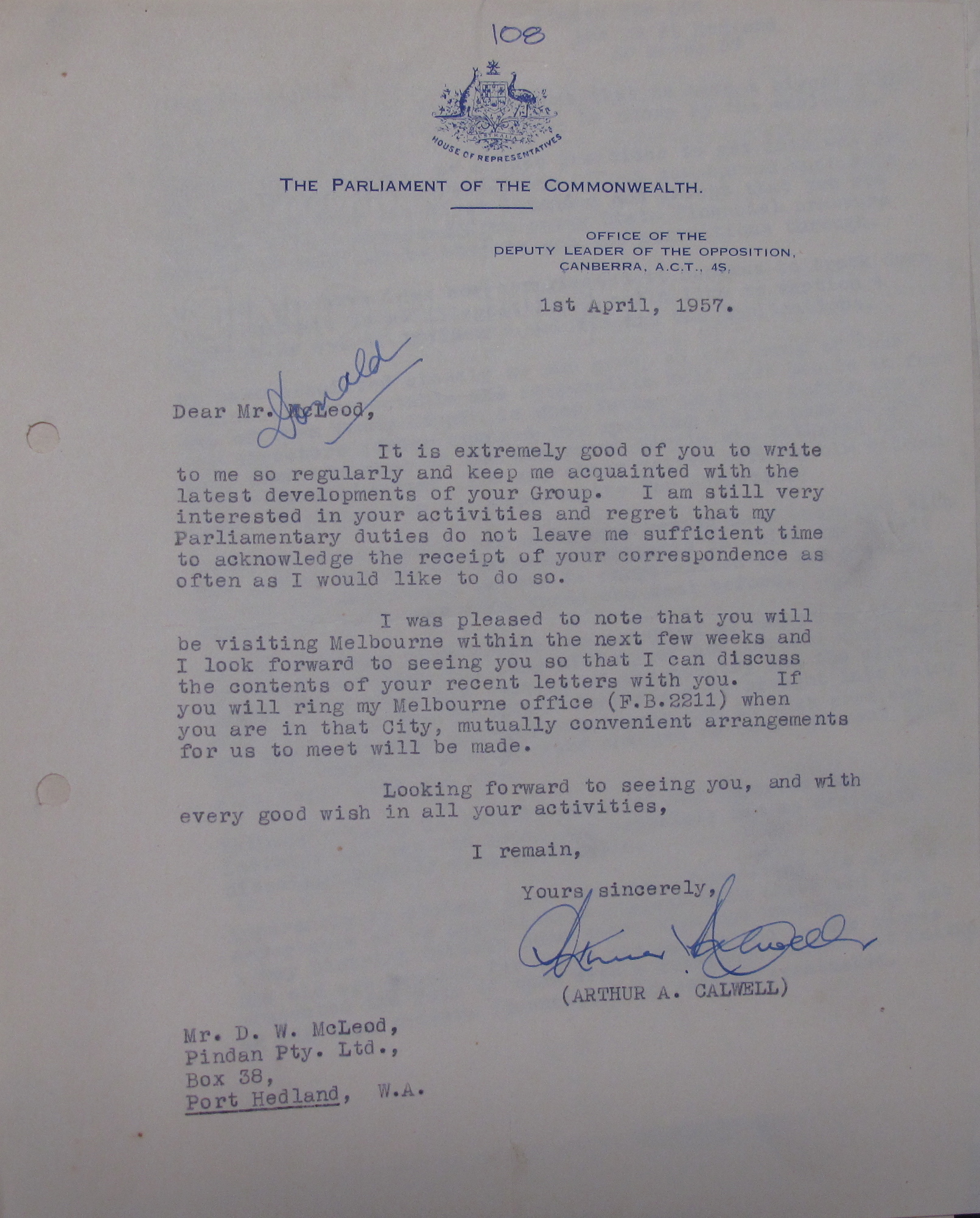 Arthur Calwell to Don McLeod, 1 April 1957