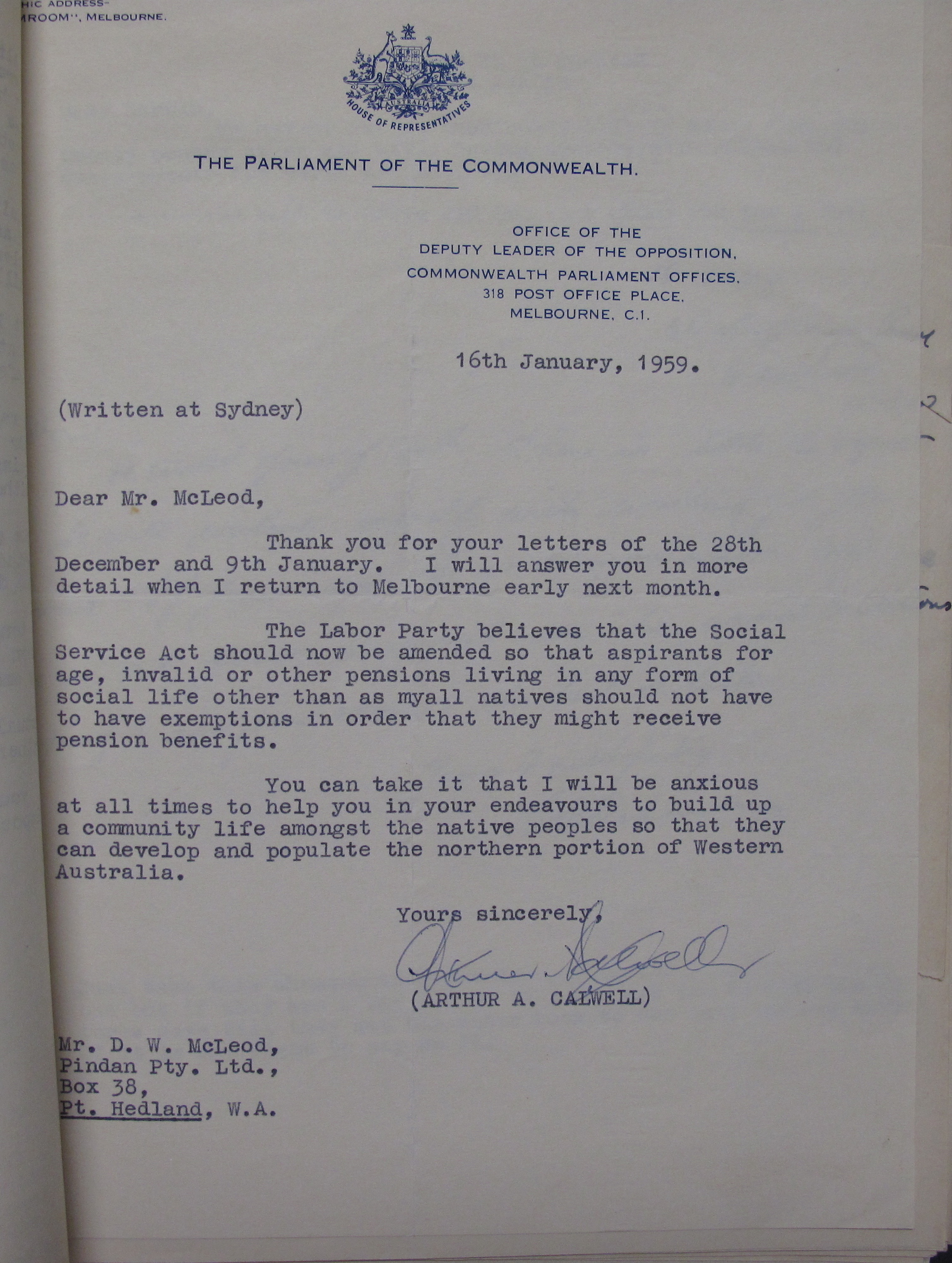 Arthur Calwell to Don McLeod, 16 January 1959