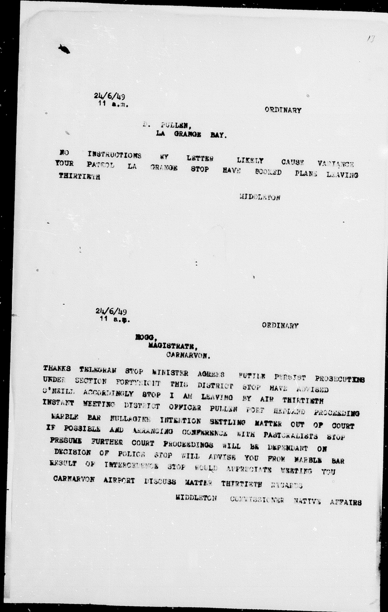 Stan Middleton to Magistrate Keith Hogg, 24 June 1949