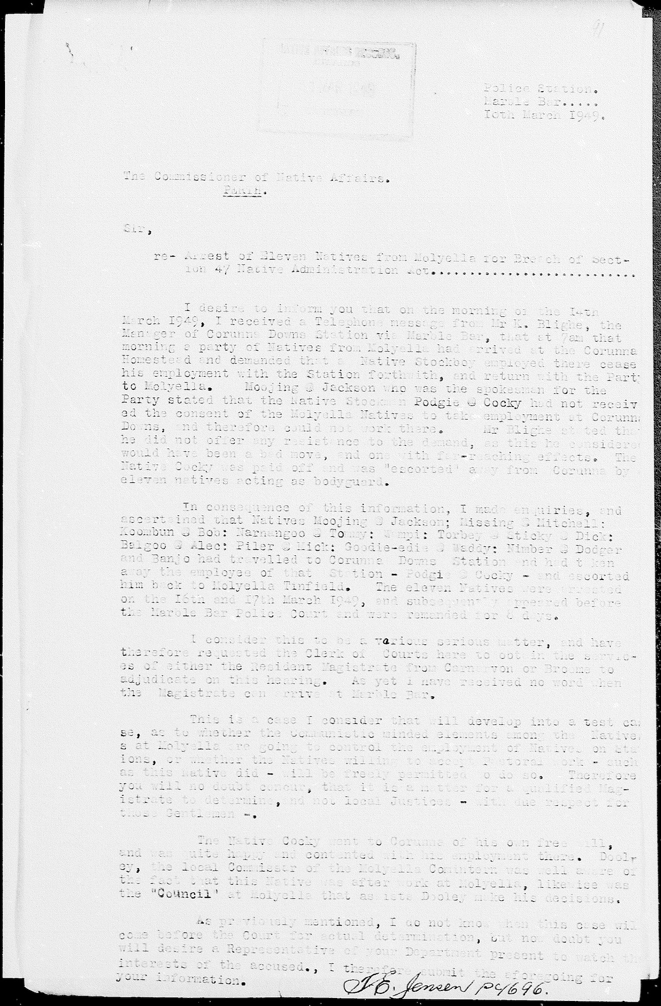 Constable Tom Jensen to Commissioner Stan Middleton, 10 March 1949