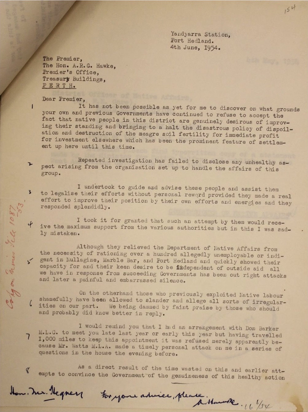 McLeod to Premier Hawke, 4 June 1954