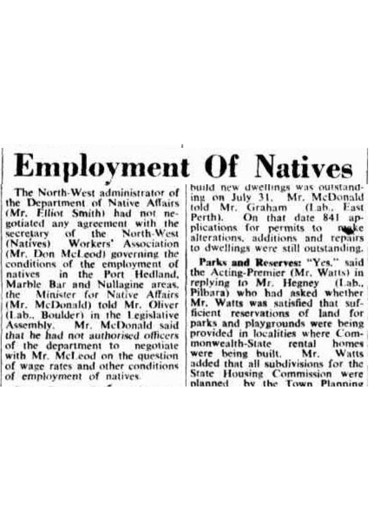 Employment of Natives newspaper article