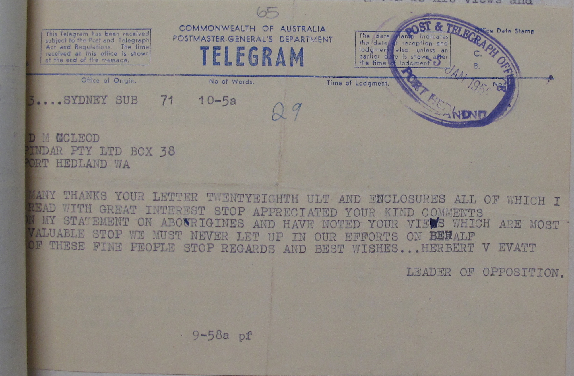 Leader of the Federal Opposition Writes Don McLeod