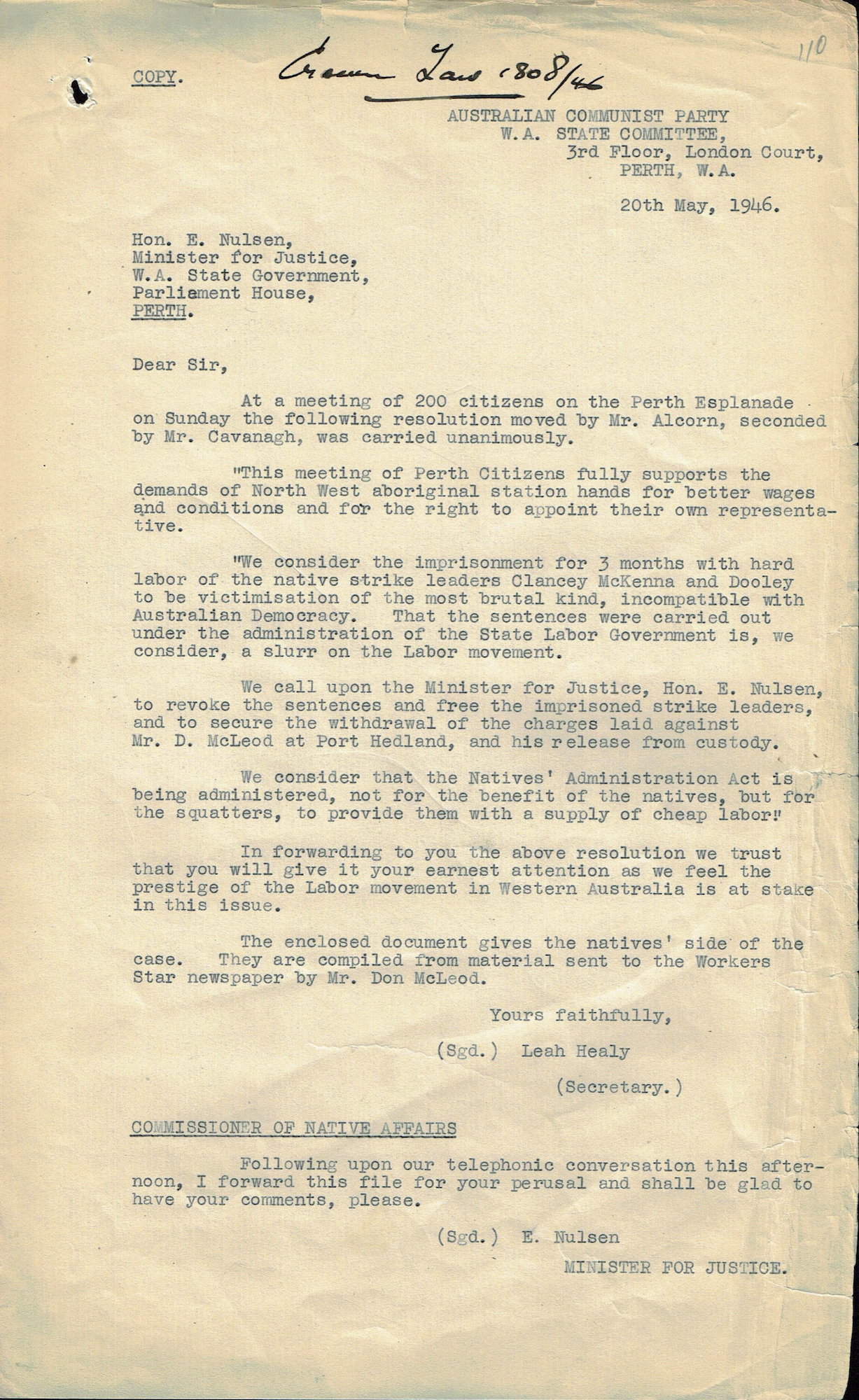 Leah Healy, Secretary, Western Australian State Committee, Australian Communist Party, to Minister for Justice Emil Nulsen, 20 May 1946