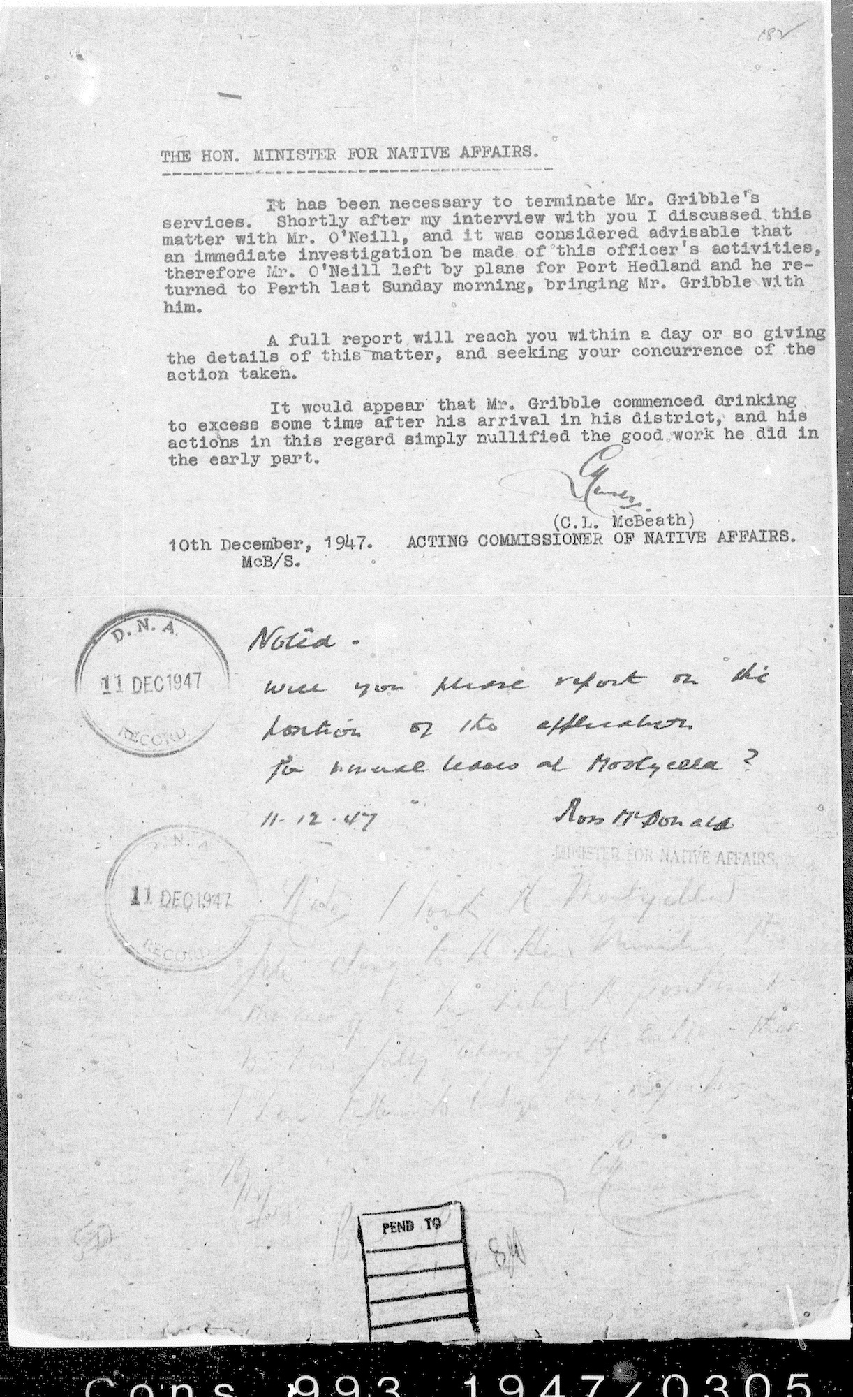 Acting Commissioner Lew McBeath to Minister for Native Affairs Ross McDonald, 10 December 1947