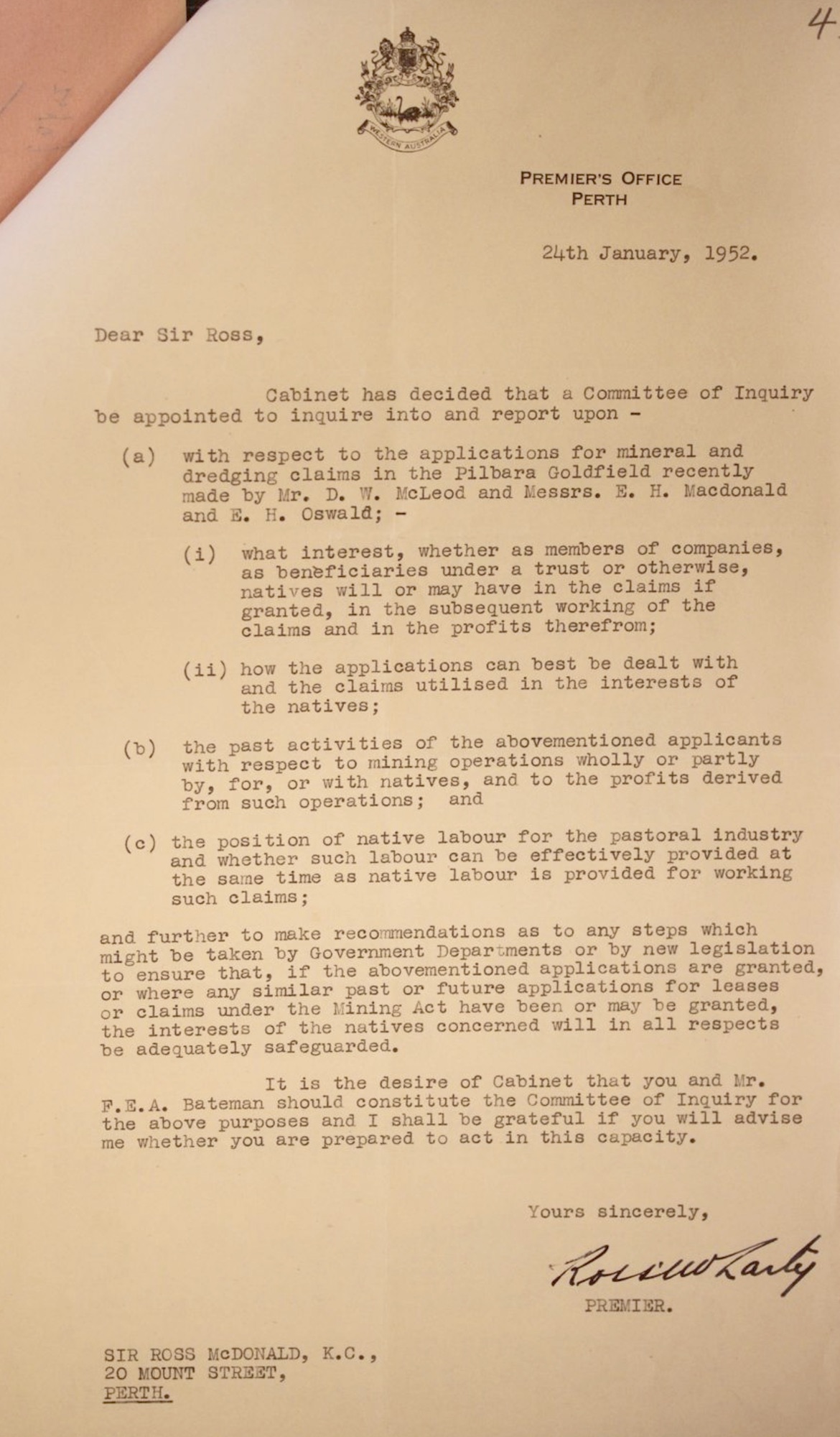 Premier Ross McLarty to Sir Ross McDonald, 24 January 1952