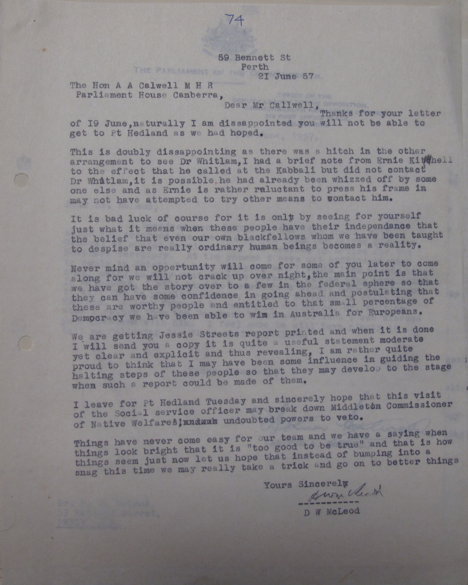 Don McLeod to Arthur Calwell, 21 June 1957