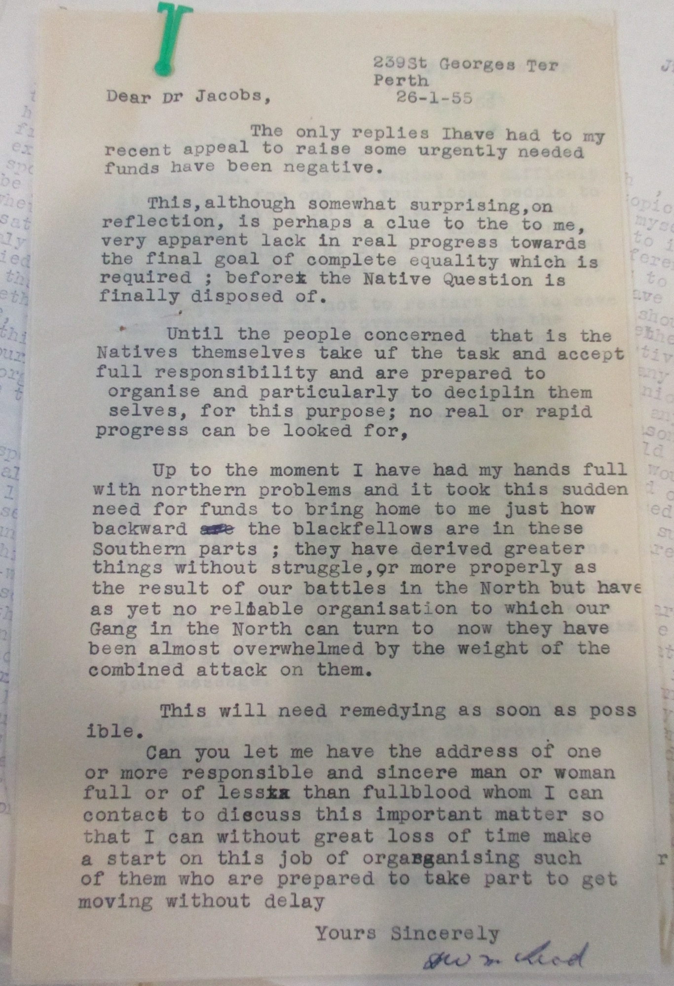 Don McLeod to Alfred Jacobs, 26 January 1955