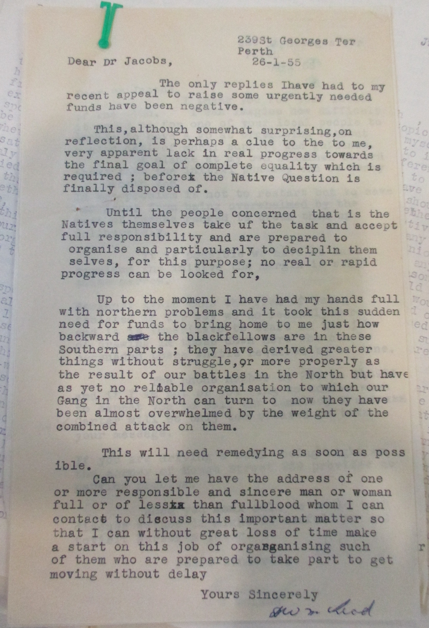 Don McLeod to Alfred Jacobs, 26 January 1955