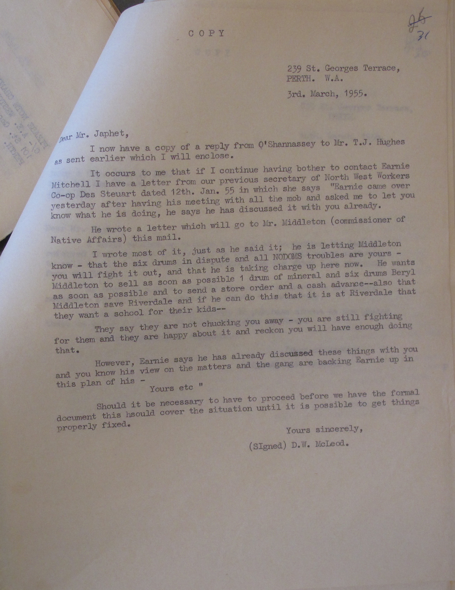 Don McLeod to Japhet, 3 March 1955