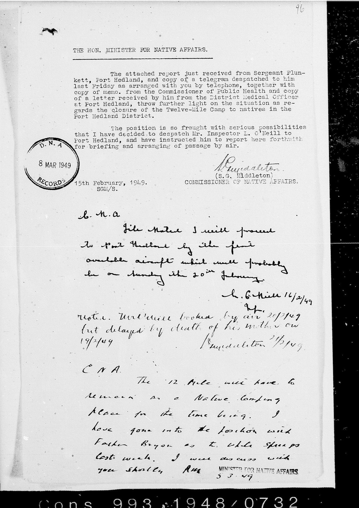 Middleton to McDonald, 15 February 1949