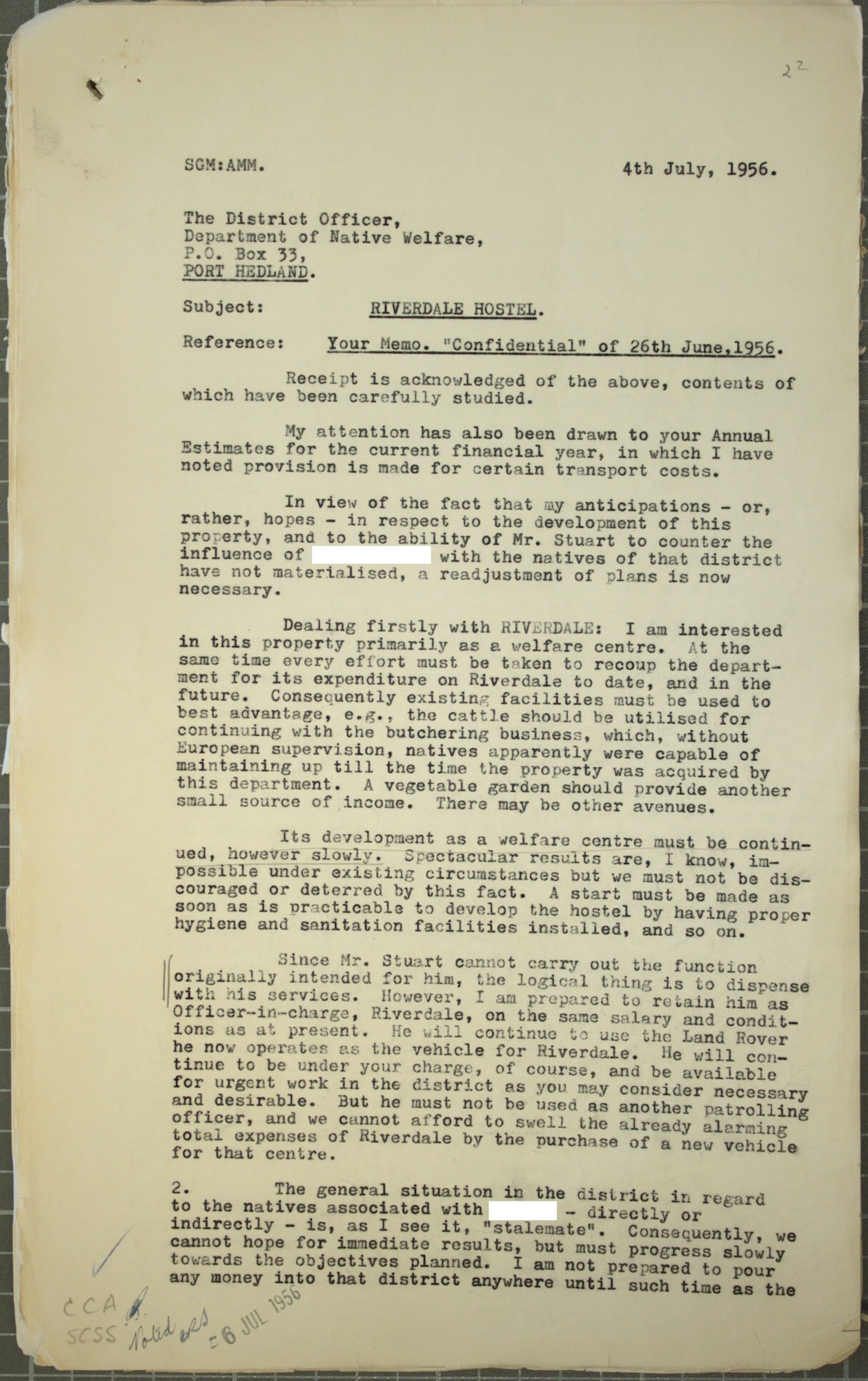 Stan Middleton to Minister of Native Welfare Victor Doney, November 1955