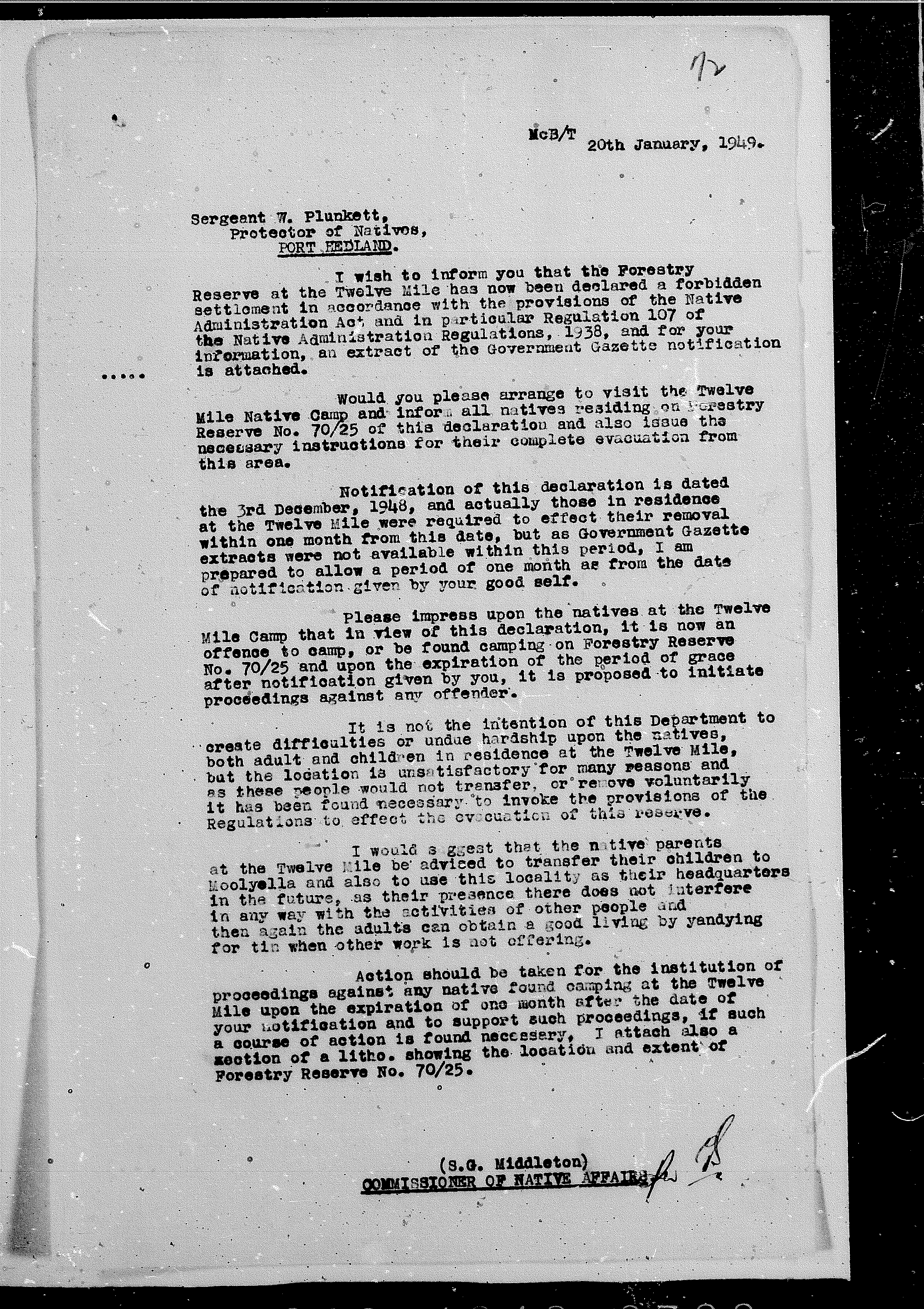 Middleton to Plunkett, 20 January 1949 Middleton to Plunkett, 20 January 1949