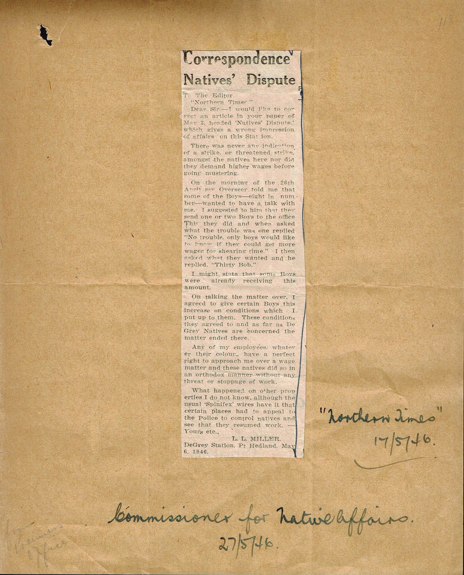 L.L. Miller, De Grey Station, letter to the editor, Northern Times, 15 May 1946