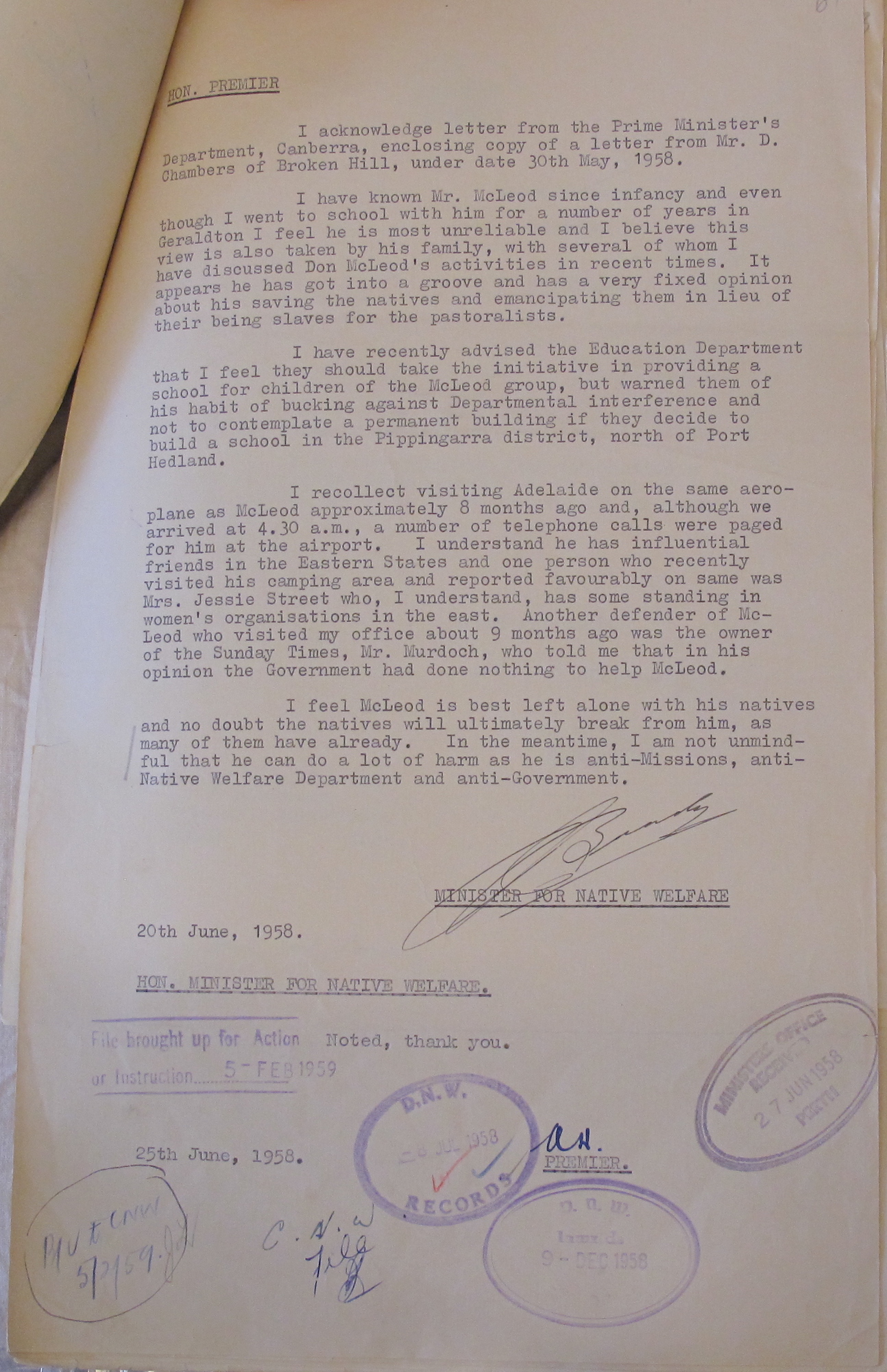 Minister for Native Welfare Brady to Premier Hawke, 20 June 1958