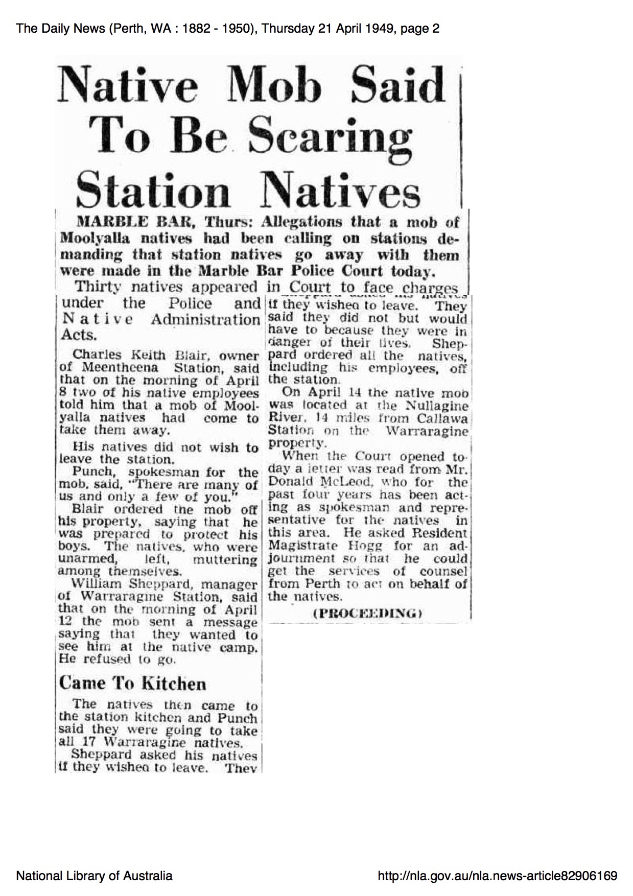 Native Mob Said to be Scaring Station Natives newspaper article