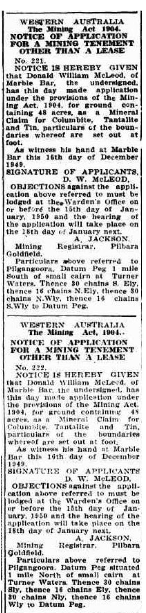 Northern Times, 29 December 1949