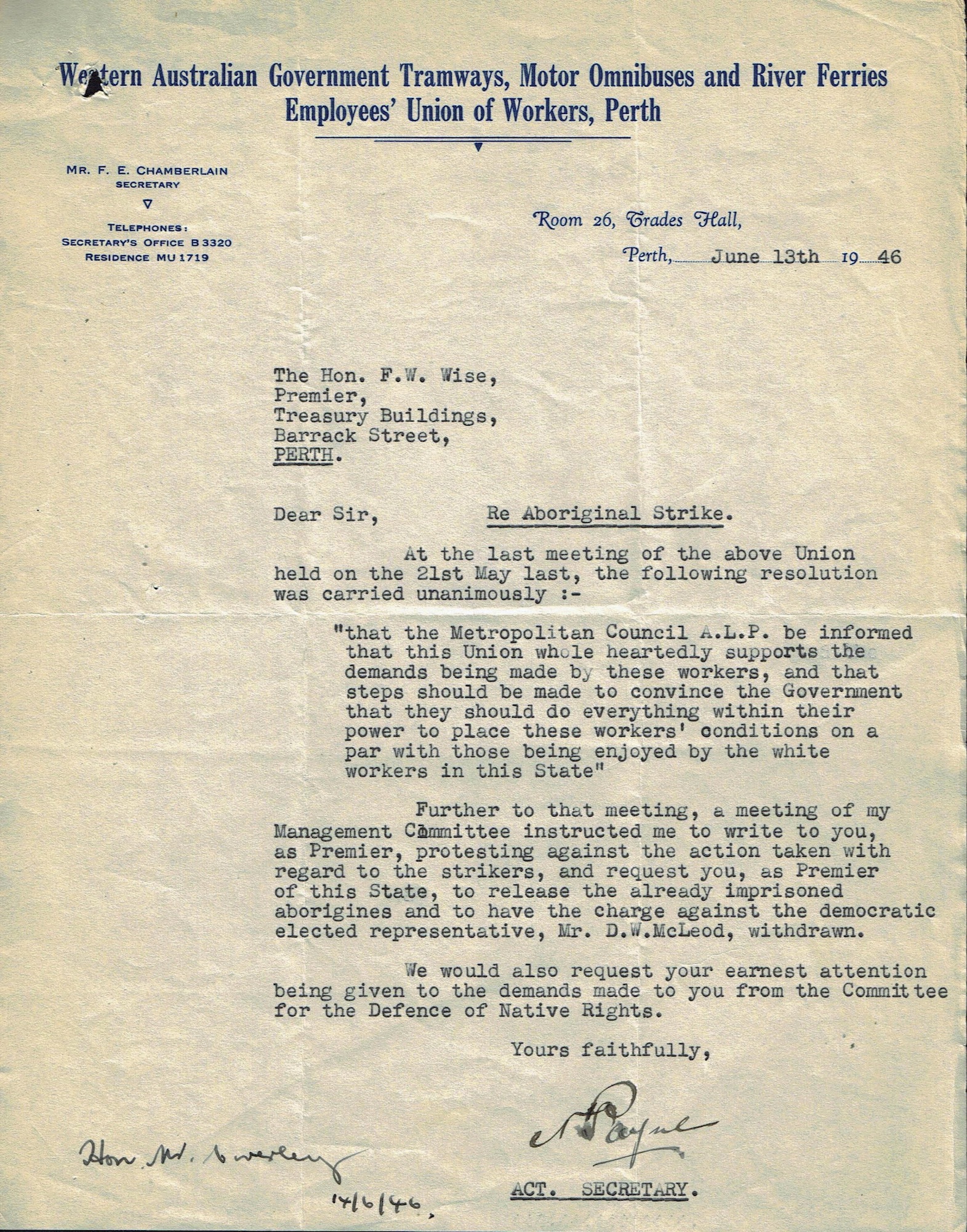 N. Payne to Premier Wise, 13 June 1946