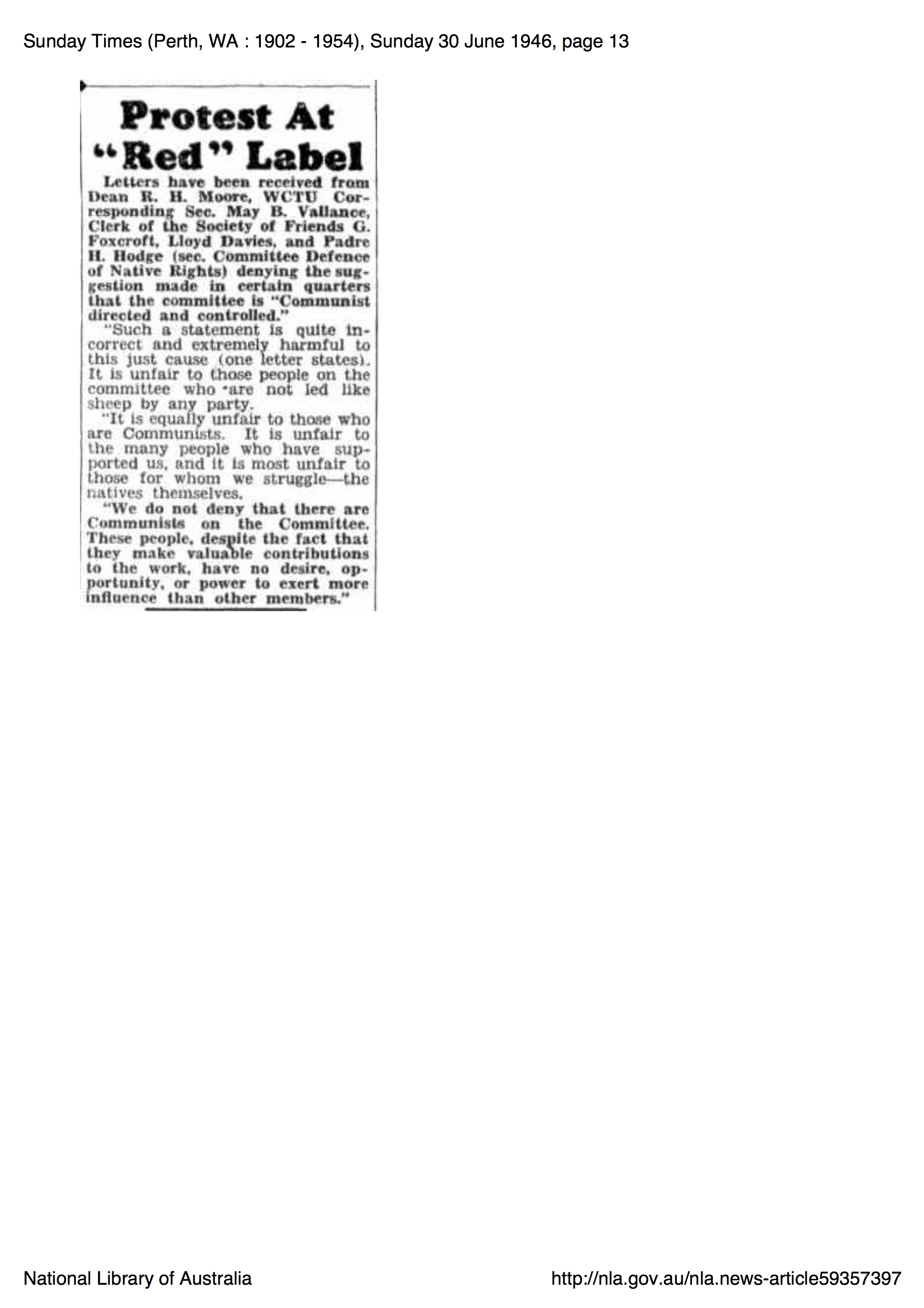 Sunday Times, 13 June 1946, p. 13, ‘Protest at “Red” Label’