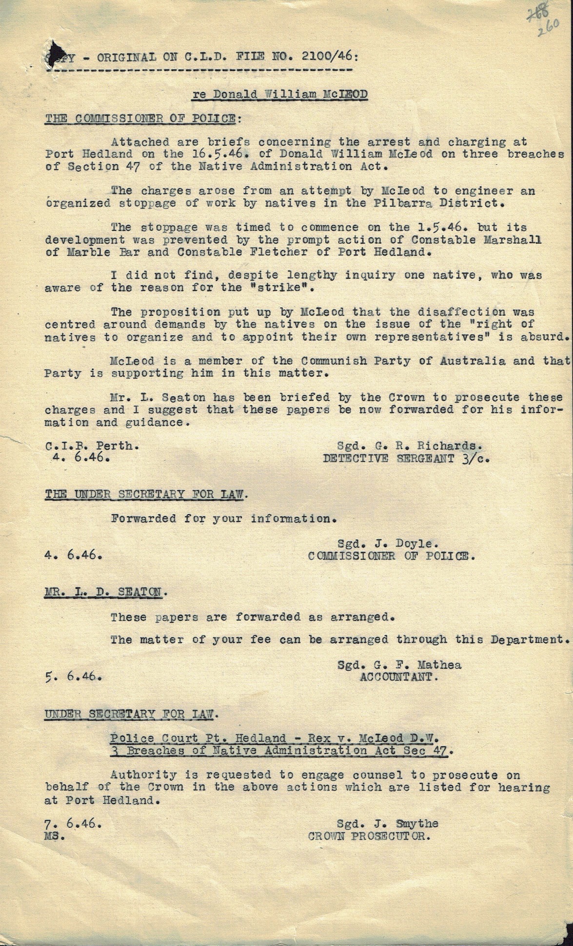 Richards to Commissioner of Police, 4 June 1946 Richards to Commissioner of Police, 4 June 1946