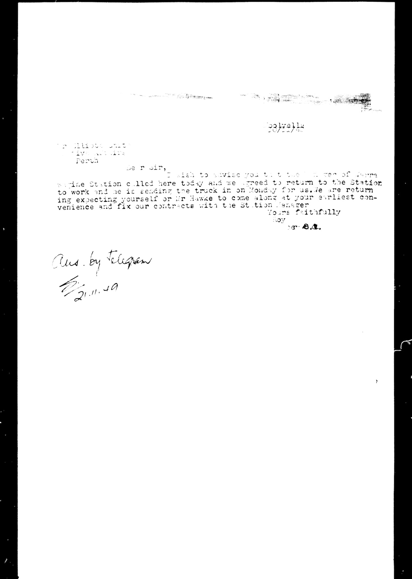 Roy Dobey to Sydney Elliott-Smith, telegram, 20 November 1949