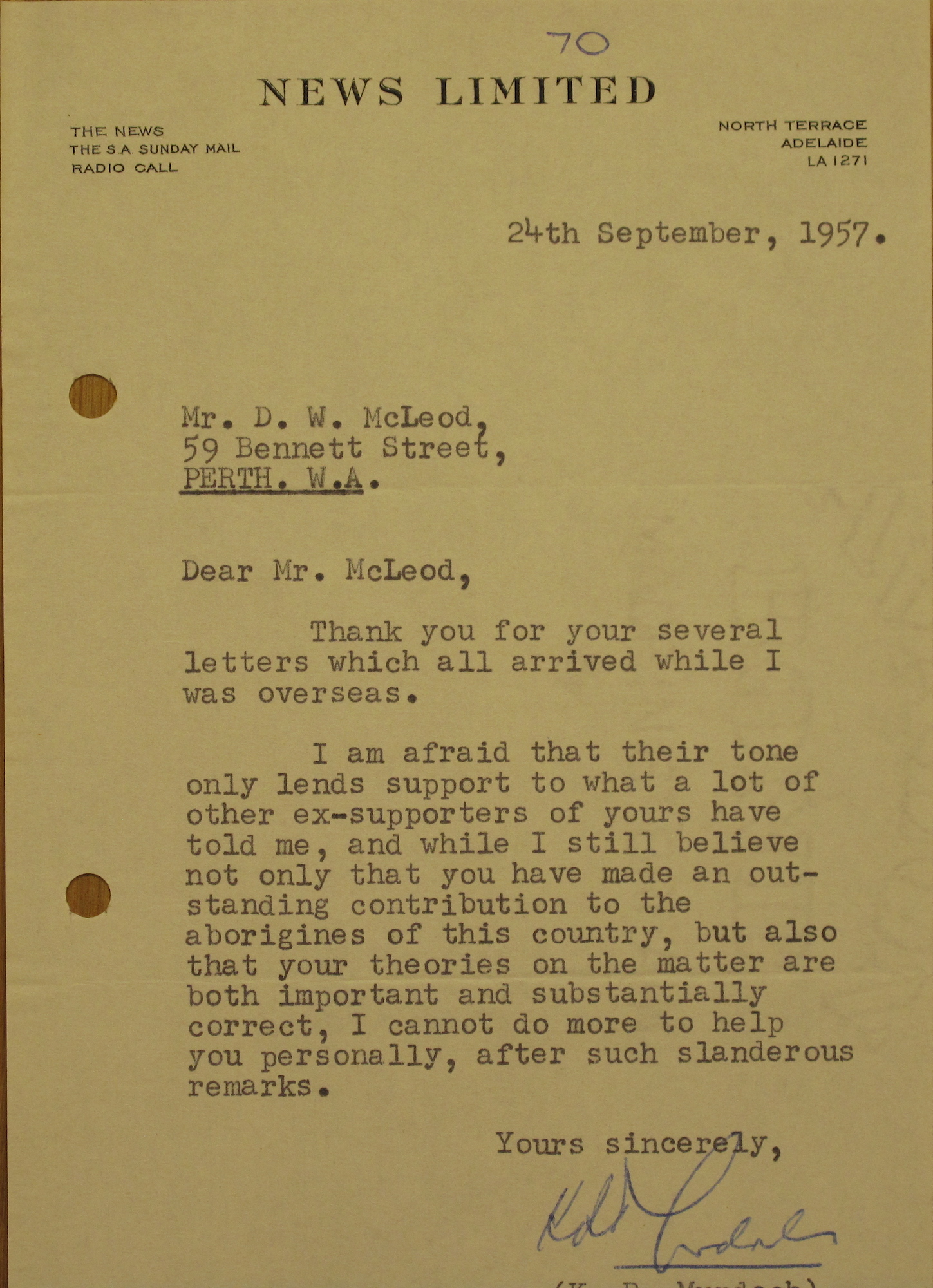 Rupert Murdoch to Don McLeod, 24 September 1957