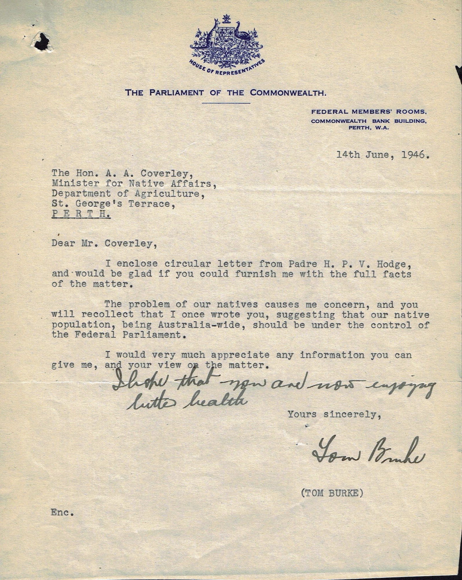 Federal Labor MP Burke to Bob Coverley, 14 June 1946