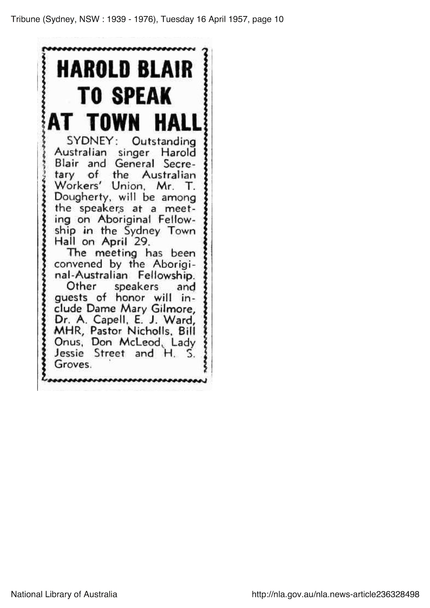 Tribune, 16 April 1957, p. 10, ‘Harold Blair to Speak at Town Hall’