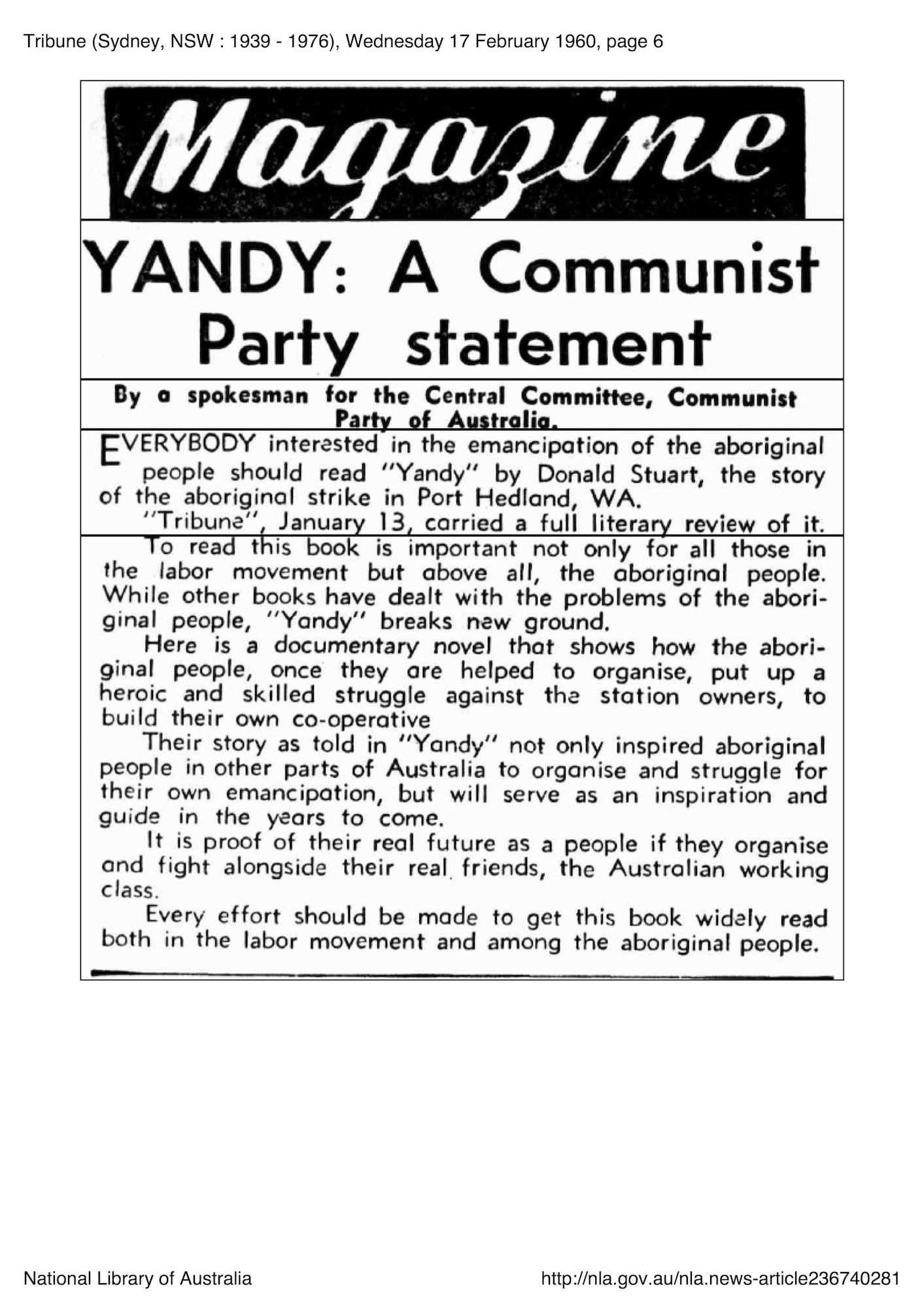 Tribune, 17 February 1960, p. 6, ‘Yandy: A Communist Party Statement’