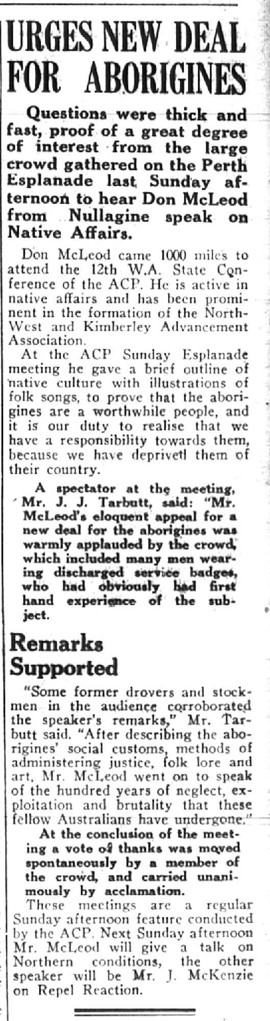 Newspaper article, "Urges New Deal for Aborigines"