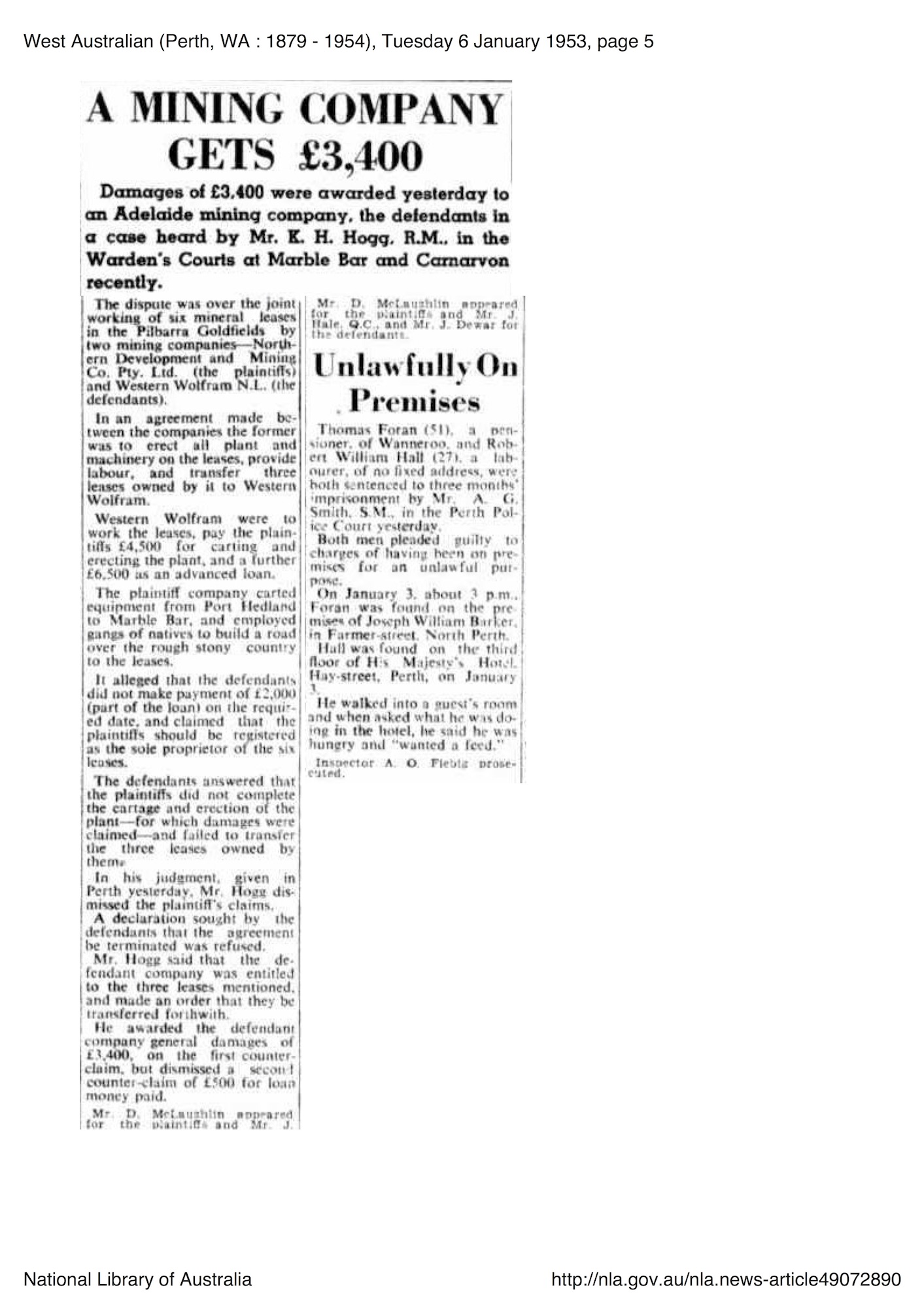 West Australian, 6 January 1953, p. 5, ‘A Mining Company Gets £3,400’