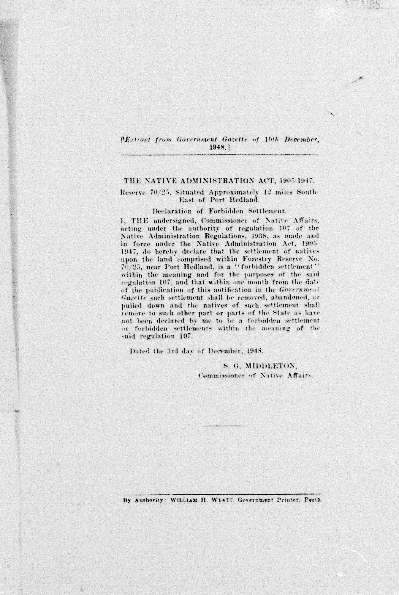 Western Australian Government Gazette, extract, 10 December 1948